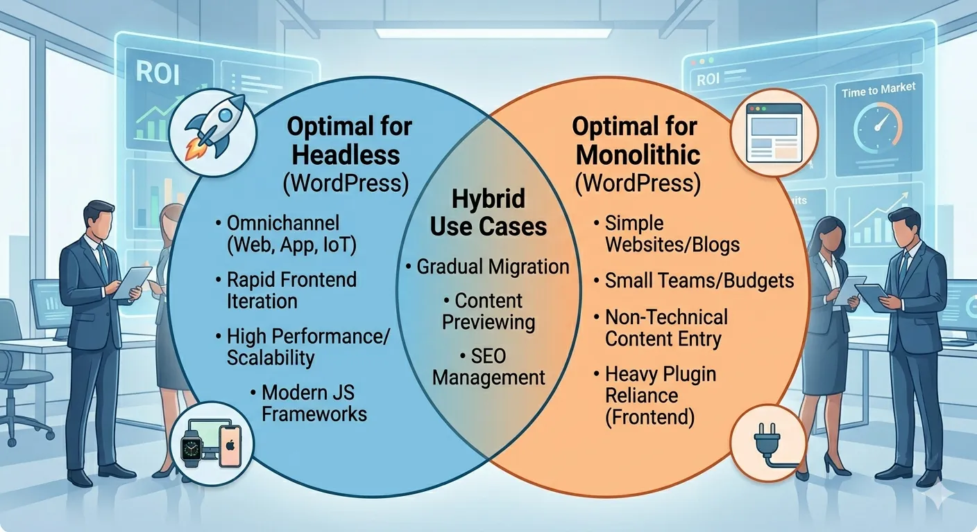 A business use case Venn diagram comparing headless and monolithic WordPress